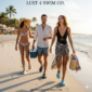 Lust 4 Swim Co models on the beach in stylish swimwear, resort apparel, and versatile Croc-style shoes, promoting beach-ready comfort on Shop.MarketWorld.com.